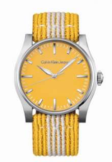 CALVIN KLEIN Swiss Made New Mens Analog Watch Yellow White Canvas Band 