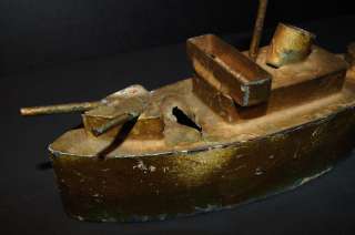 Old Antique c 1900 Hand Made Tin Naval Battleship Toy Bank Folk Art 