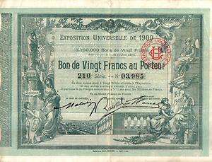   France Bond Paris 1900 Exposition Universelle 20 fr Top Deco  