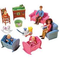 Dolls included are a mother, a father, baby twins, and pet cat.