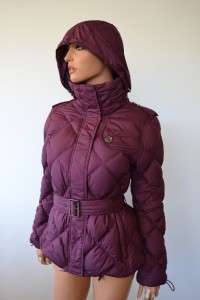 NWT BURBERRY BRIT PLUM GOOSE DOWN NOVA CHECK DIAMOND HOOD PUFFER PARKA 