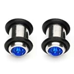 0g Solid Surgical Steel Plugs Gauges Pair with Front Blue Gems 0 Gauge 