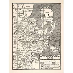 1919 Print Map Ethnographical Region Korcha Serbia Albania Lake Malik 