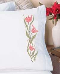 TULIPS Bucilla Stamped Embroidery X Stitch Pillowcases  