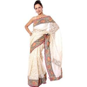  Ivory Handwoven Sari from Banaras with Multi Color Floral 