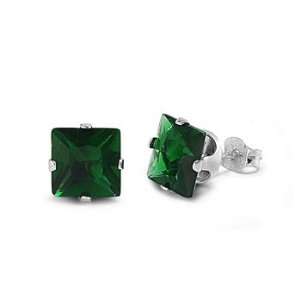    Sterling Silver   3mm Emerald CZ Square Stud Earrings Jewelry