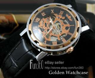 New Mens Skeleton Auto Mechanical Black Leather Watch  
