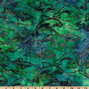  44 Wide Paradise Beach Batik Dolphins Green Fabric By 