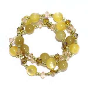  Beaded Stretch Bracelet; 3 Pieces; Gold Metal; Tan And Yellow Beads