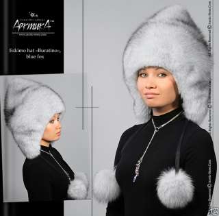 Blue fox polar arctic white Fur Hat cap Eskimo triangle  