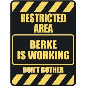   RESTRICTED AREA BERKE IS WORKING  PARKING SIGN