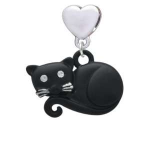  Curled Up Matte Black Cat European Heart Charm Dangle Bead 
