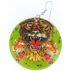 Roaring Tiger , Genuine Dye Shell Dangle Earrings