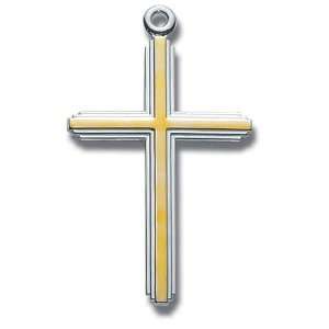 Sterling Silver Large Two Tone Inlayed Cross with 20 Stainless Steel 