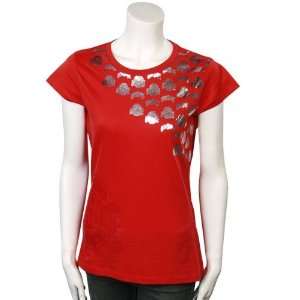   Buckeyes Red Ladies Metallic Shoulder Hit T shirt
