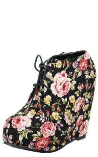  Camilla1 Lace Up Floral Wedge Booties BLACK Shoes
