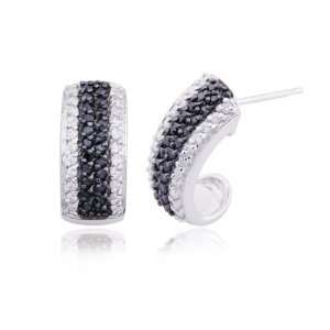   Plated Sterling Silver Black and white Cubic Zirconia J Hoop Earrings