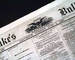   Buchanan Death Report in a Rare GALVESTON, Texas 1868 Newspaper  