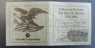 CHRYSLER CORP. BILL OF RIGHTS COMMEMORATIVE WITH CERTIFICATE/DISPLAY 