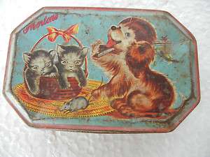 Vintage Dog, Cat & Mouse Print Morton Confectionery Tin Box  