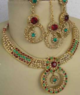 INDIAN BOLLYWOOD ELEGANT GOLD PLATED RED & GREEN KUNDAN NECKLACE SET 
