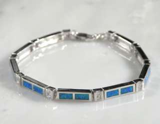 Sterling Silver Blue Opal & CZ Rectangle Inlay Bracelet  