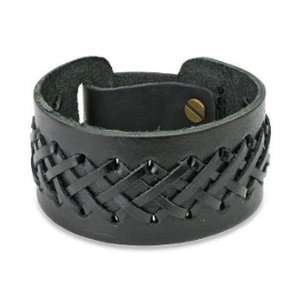    Black Leather Bracelet with Double Weaved X Braids Jewelry