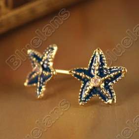 Retro Vintage Blue Starfish Embedded Diamond Ocean Charming Earrings 