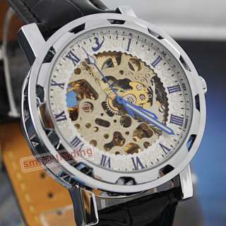  blue numeral Skeleton Steel Case Automatical mechanical leather band 