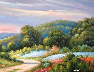 Oil Painting Art Texas Bluebonnets Landscape on Canvas Signed 24x36 