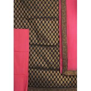Black and Pink Brocaded Choodidaar Suit from Banaras with Large Woven 