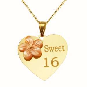  14k Gold Sweet 16 Heart with Mother Of Pearl Flower 