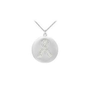   Breast Cancer Awareness Ribbon Disc Pendant  14K White Gold   0.15 CT