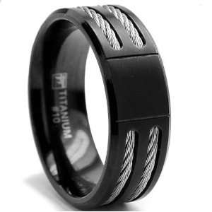 8MM Black Titanium ring Wedding band with Stainless Steel Cables size 