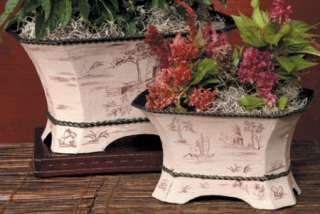 New In Box 2 Pc. Mandarin Toile Garden Planter Vase Decorative Art 