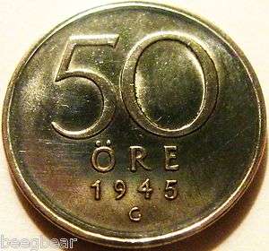 Sweden Sverige 1945 50 Ore Uncirculated Silver   Scarce  