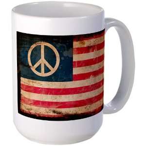   Large Mug Coffee Drink Cup Worn US Flag Peace Symbol 