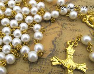 Rosary Rosario Jesus Cross Round Bead Necklace Gold Glass Pendant 