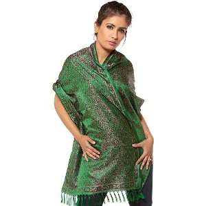 Islamic Green Tehra Banarasi Stole Hand Woven with All Over Paisleys 