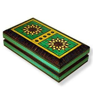 Wooden Box, 5084, Traditional Polish Handcraft, Green with Sunflowers 