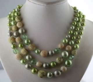 Vintage green faux pearl 3 strand Japan AB necklace  