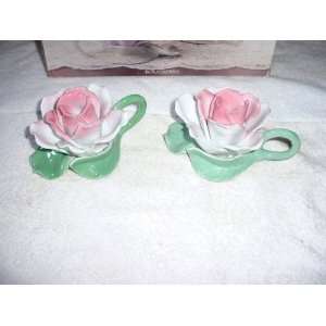  Pair Porcelain Crown Rose Candleholders 