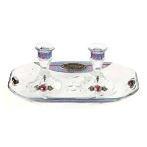  Glass Candlestick Set with Tray, Hamsas and Hebrew Plaques 