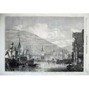   1866 View Port Bergen Norway Sailing Ships Mountains