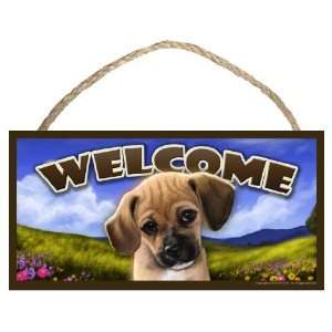 Puggle (portrait view) Spring Season Welcome Wooden Dog Sign / Plaque 