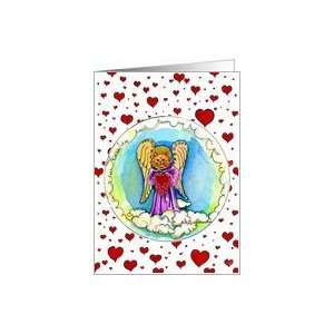  French Valentine, Cat Angel with Hearts Card Health 