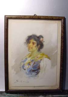 CARIS ITALIAN WATERCOLOR w. BEAUTY MAIDEN c. 1900  