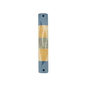  Marble Mezuzah with Shin in Blue, Yellow and Green Stripes 
