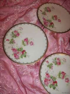 set of 4 ANTIQUE PLATES~PM Bavaria~Moschendorf~Shabby PINK ROSES~1890 
