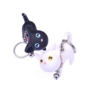  Stylish 2pcs Black/White Cat Shape Lover Keyring Key Ring 
